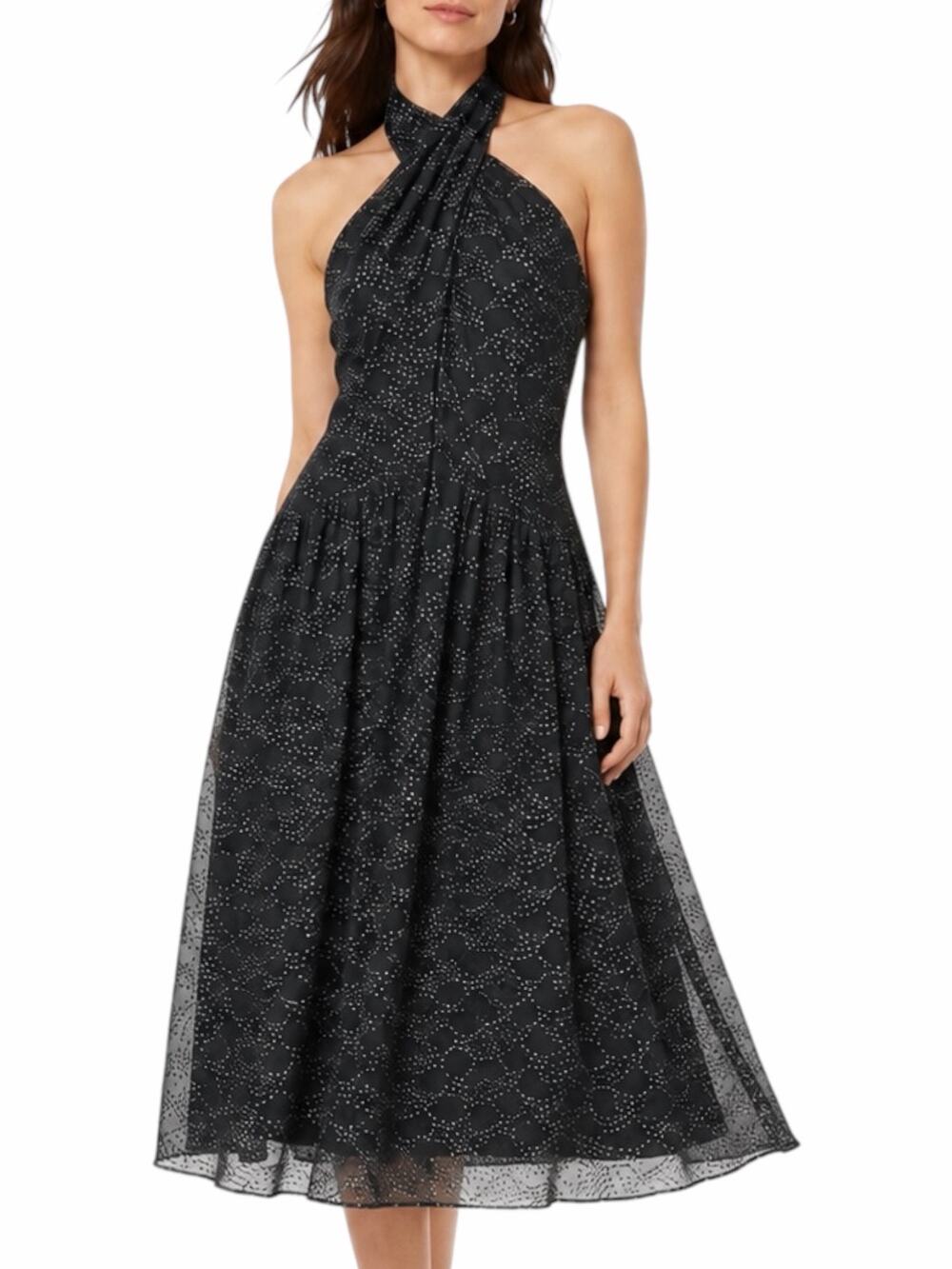 Shoshanna Olivia Metallic Scallope Mesh Halter Neck Black Dress Size 2